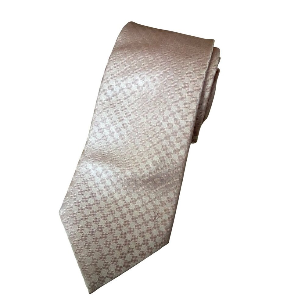 Louis Vuitton Damier 100% Silk Tie Pink LV Logo Silk Made Italy Used w/COA 59" - Picture 2 of 13
